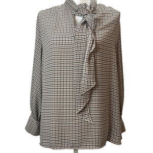 WHO WHAT WEAR. Brown, black and natural HOUNDSTOOTH tie neck long sleeve top XXL